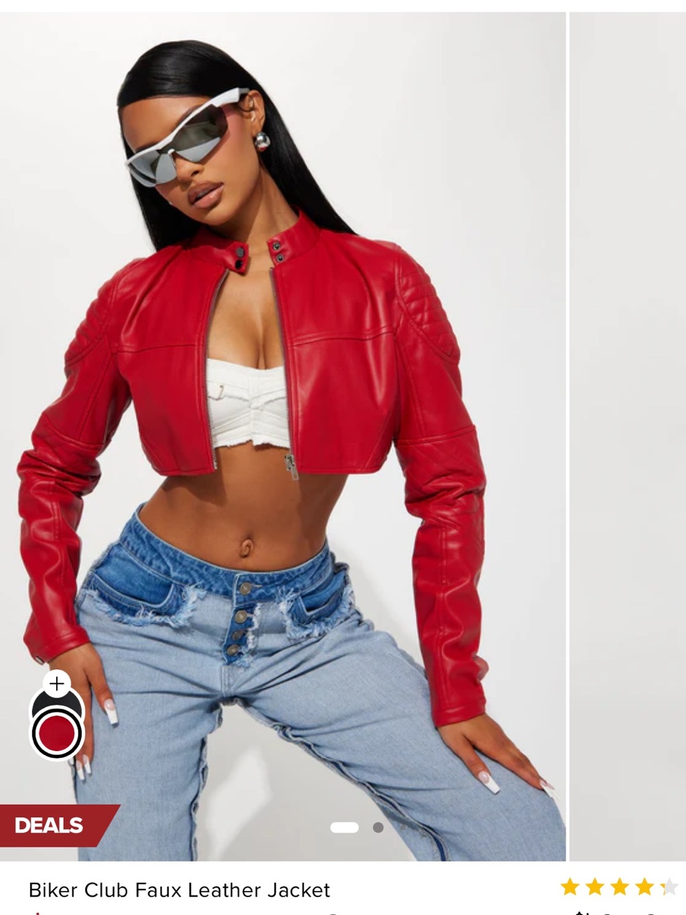 Red Cropped Biker Faux Leather Jacket - Women